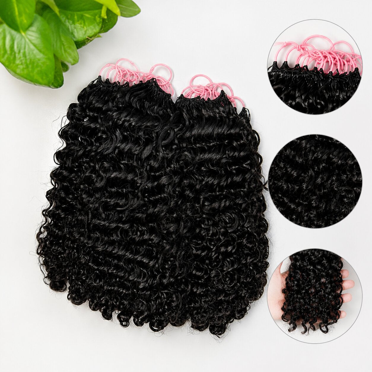 Multiple bundles of Burmese curly human hair crochet braids laid flat, pink loops visible, curls glossy and textured, clean white background.