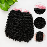 Multiple bundles of Burmese curly human hair crochet braids laid flat, pink loops visible, curls glossy and textured, clean white background.