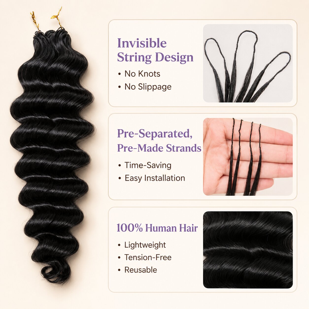 Natural black loose deep crochet human hair bundle displayed on a champagne beige background with close-up detail inset.