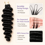 Natural black loose deep crochet human hair bundle displayed on a champagne beige background with close-up detail inset.