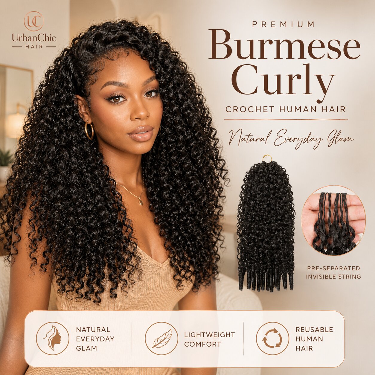 Natural everyday glam look with Burmese curly crochet human hair and product bundle