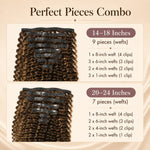 Perfect pieces combo chart for Brown Highlight Deep Wave clip-ins showing 14–18 inch 9-piece set and 20–24 inch 7-piece set