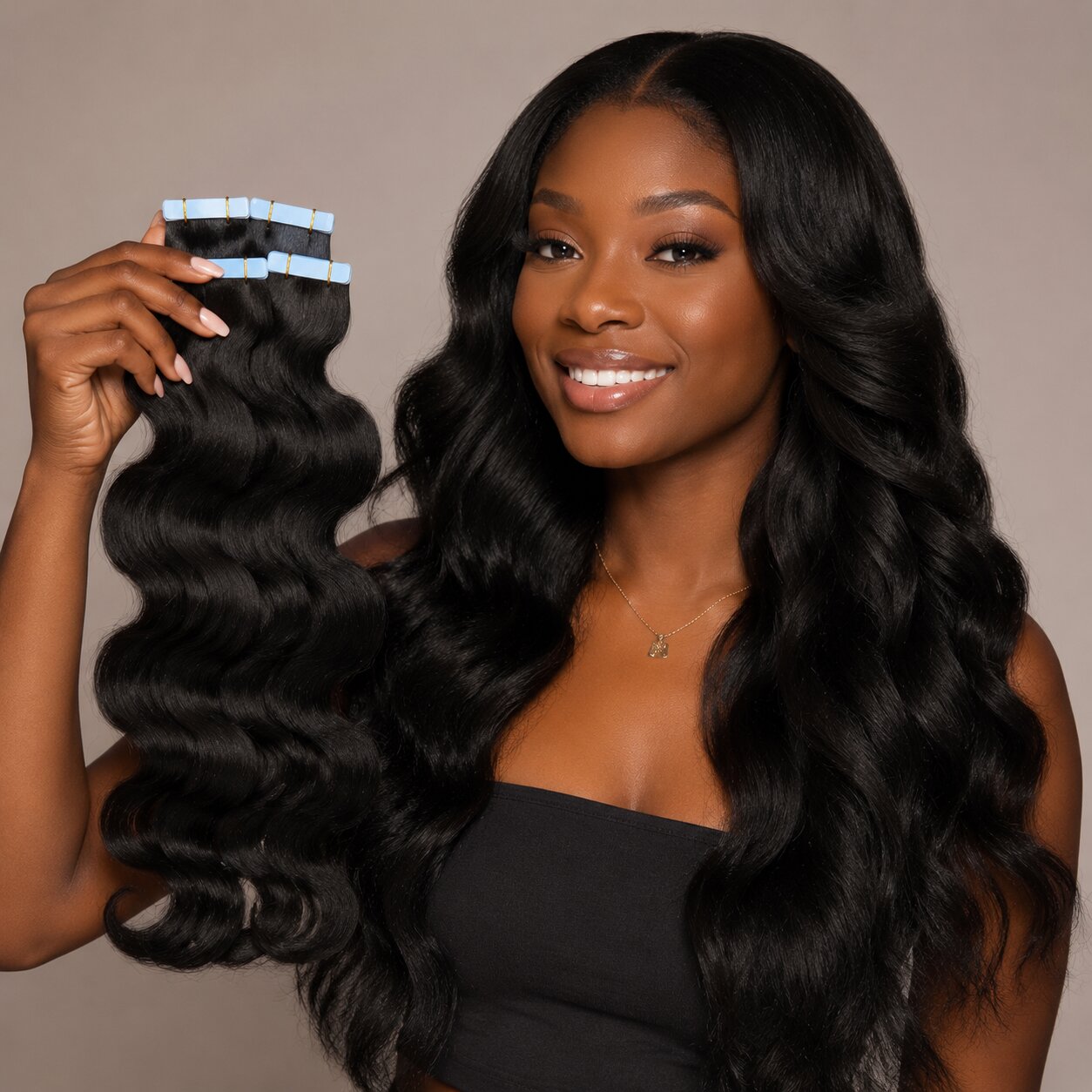 Portrait of a confident Black woman with long, voluminous wavy hair extensions, shiny and naturally blended, wearing a black strapless top against a minimal indoor background with soft natural lighting, showcasing healthy hair texture.