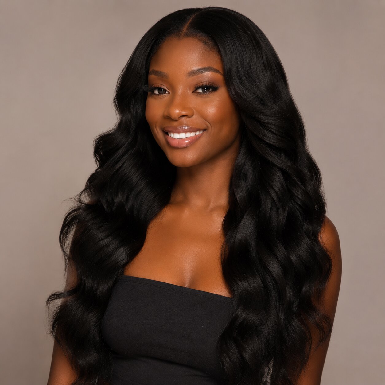 Portrait of a confident Black woman with long, voluminous wavy hair extensions, shiny and naturally blended, wearing a black strapless top against a minimal indoor background with soft natural lighting, showcasing healthy hair texture.