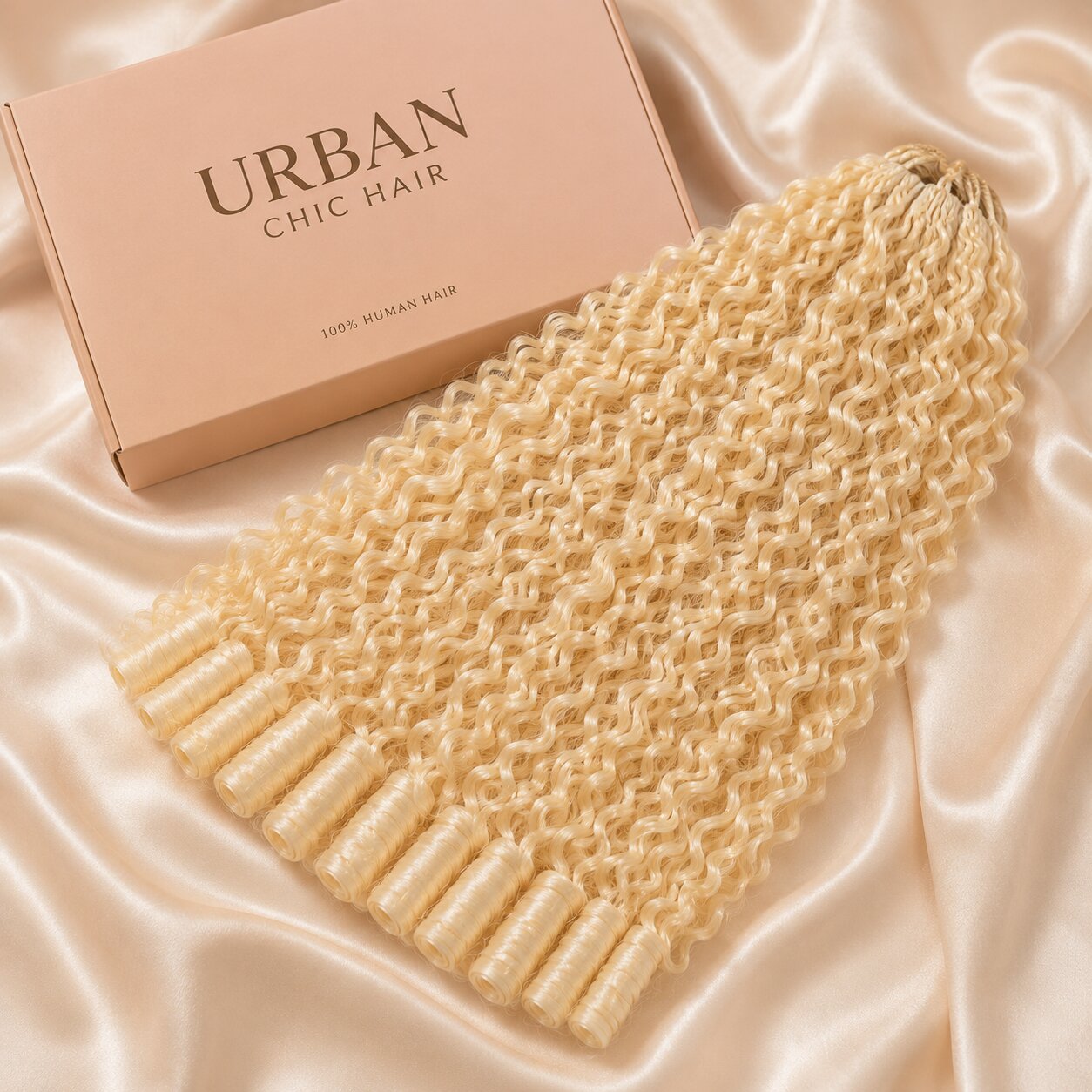 Pre-separated #613 blonde crochet human hair loops showing lightweight installation design