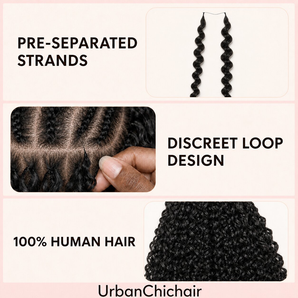 Pre-separated Ramen Curl crochet hair strand showing the thin loop design and 100% human hair texture