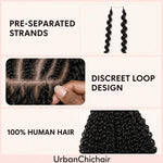 Pre-separated Ramen Curl crochet hair strand showing the thin loop design and 100% human hair texture