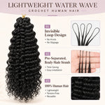 Pre-separated invisible loop design for UrbanChichair lightweight water wave crochet human hair, showing natural black wavy strands stretched by hand.