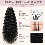 Pre-separated invisible loop design for UrbanChichair lightweight water wave crochet human hair, showing natural black wavy strands stretched by hand.