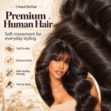 Premium 100% human hair loose body wave wig featuring soft, glossy natural black waves and a smooth, flowing hair texture.
