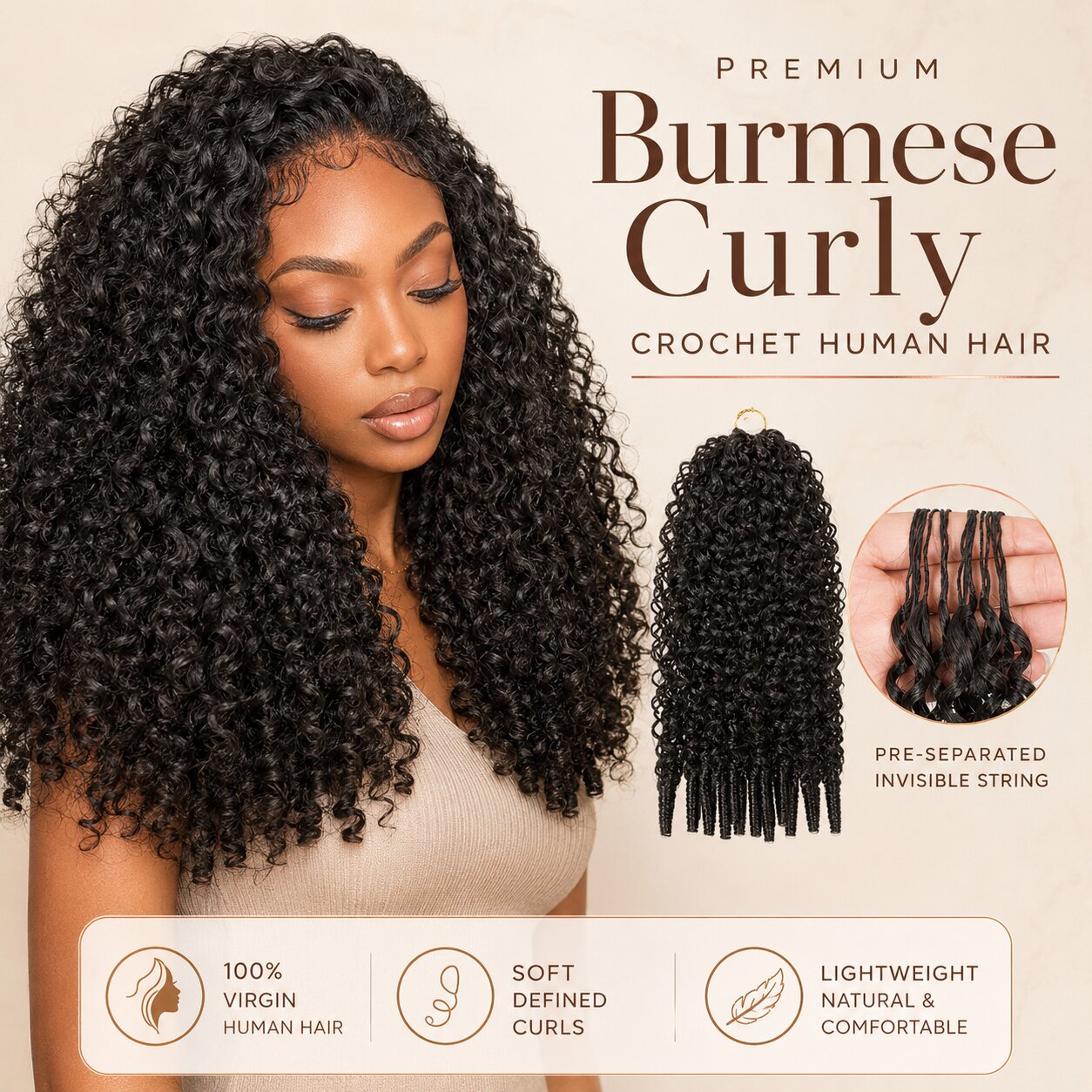 Premium Burmese curly crochet human hair with model and product bundle for UrbanChichair