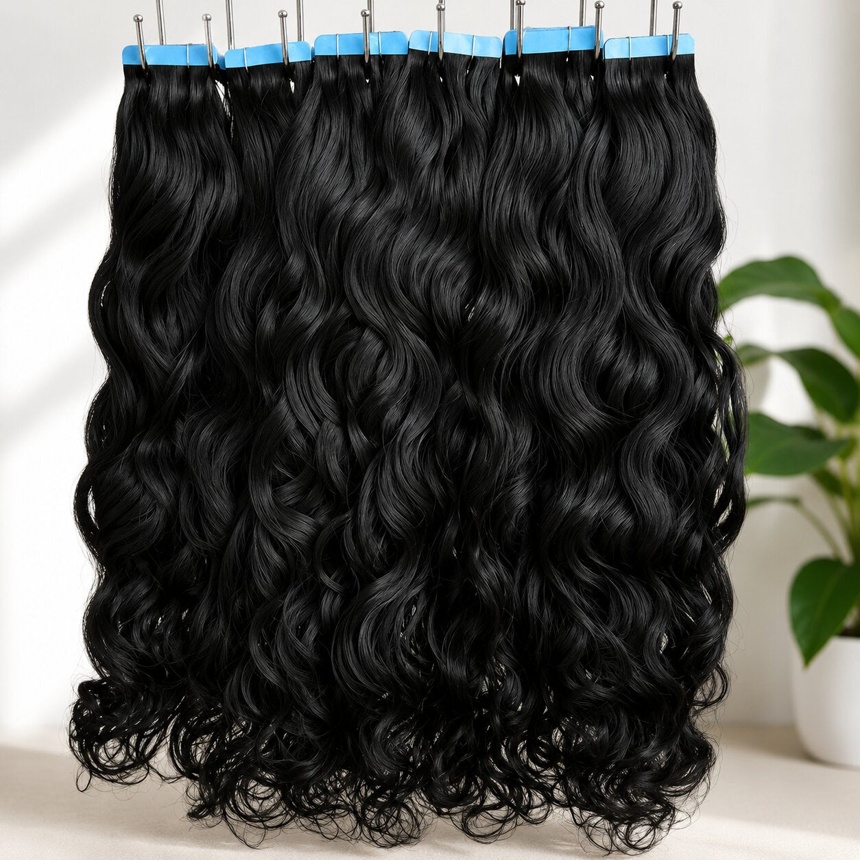 Premium Natural Wave Tape-In Hair Extensions in jet black, displayed hanging with blue adhesive tabs. Hair is glossy, soft, and voluminous with natural waves, perfect for seamless, lightweight styling.