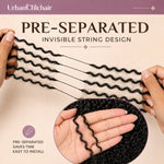 Premium UrbanChichair Afro curly crochet human hair hero image featuring a model with full voluminous curls and inset product detail showing invisible string bundle design.