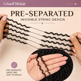 Premium UrbanChichair Afro curly crochet human hair hero image featuring a model with full voluminous curls and inset product detail showing invisible string bundle design.