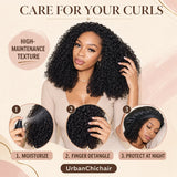 Ramen Curl crochet human hair care guide showing moisturizing, finger detangling, and nighttime bonnet protection
