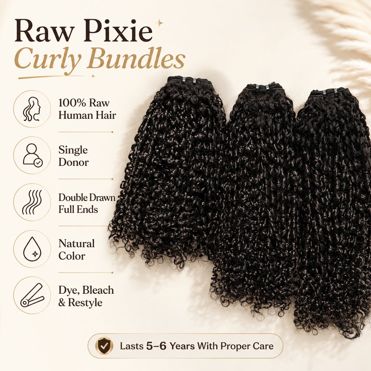 Raw Pixie Curly Bundles Double Drawn product feature image showing 100% raw human hair, single donor quality, double drawn full ends, natural color, and restyling options by UrbanChichair