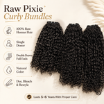 Raw Pixie Curly Bundles Double Drawn product feature image showing 100% raw human hair, single donor quality, double drawn full ends, natural color, and restyling options by UrbanChichair