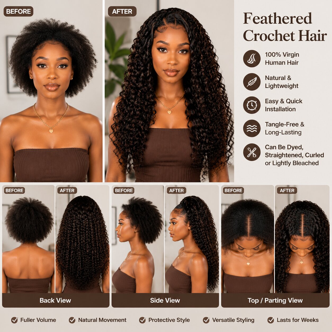 Side-by-side before and after comparison of Black woman’s hair, left with natural hair, right with Feathered Crochet Hair extensions, showing increased volume, feathered curls, and glossy finish