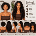 Side-by-side before and after comparison of Black woman’s hair, left with natural hair, right with Feathered Crochet Hair extensions, showing increased volume, feathered curls, and glossy finish