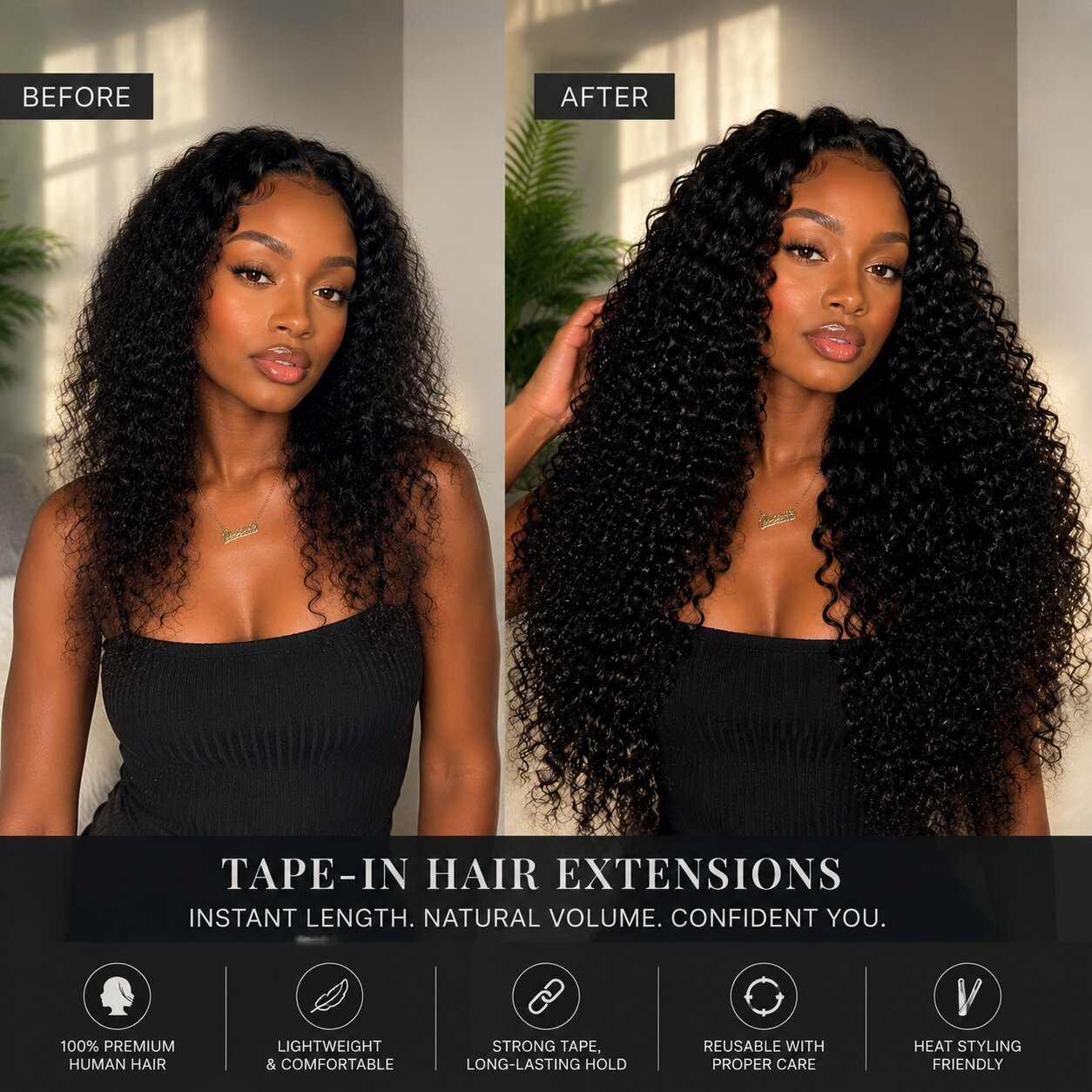 Side-by-side 'before and after' of a young Black woman’s curly hair. Left: shorter, slightly frizzy curls before extensions. Right: longer, fuller, shiny curls after tape-in hair extensions. Clean, neutral background with natural lighting emphasizes the hair transformation and volumizing effect.