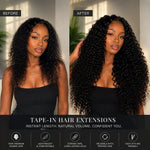 Side-by-side 'before and after' of a young Black woman’s curly hair. Left: shorter, slightly frizzy curls before extensions. Right: longer, fuller, shiny curls after tape-in hair extensions. Clean, neutral background with natural lighting emphasizes the hair transformation and volumizing effect.