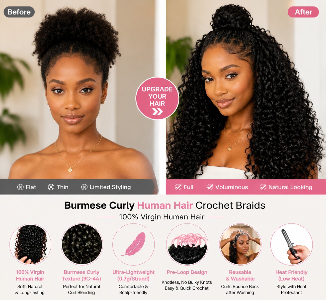 Side-by-side comparison: left shows natural thin curly hair, right shows full, voluminous, and natural-looking curls after wearing Burmese curly crochet braids.