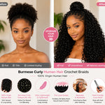 Side-by-side comparison: left shows natural thin curly hair, right shows full, voluminous, and natural-looking curls after wearing Burmese curly crochet braids.