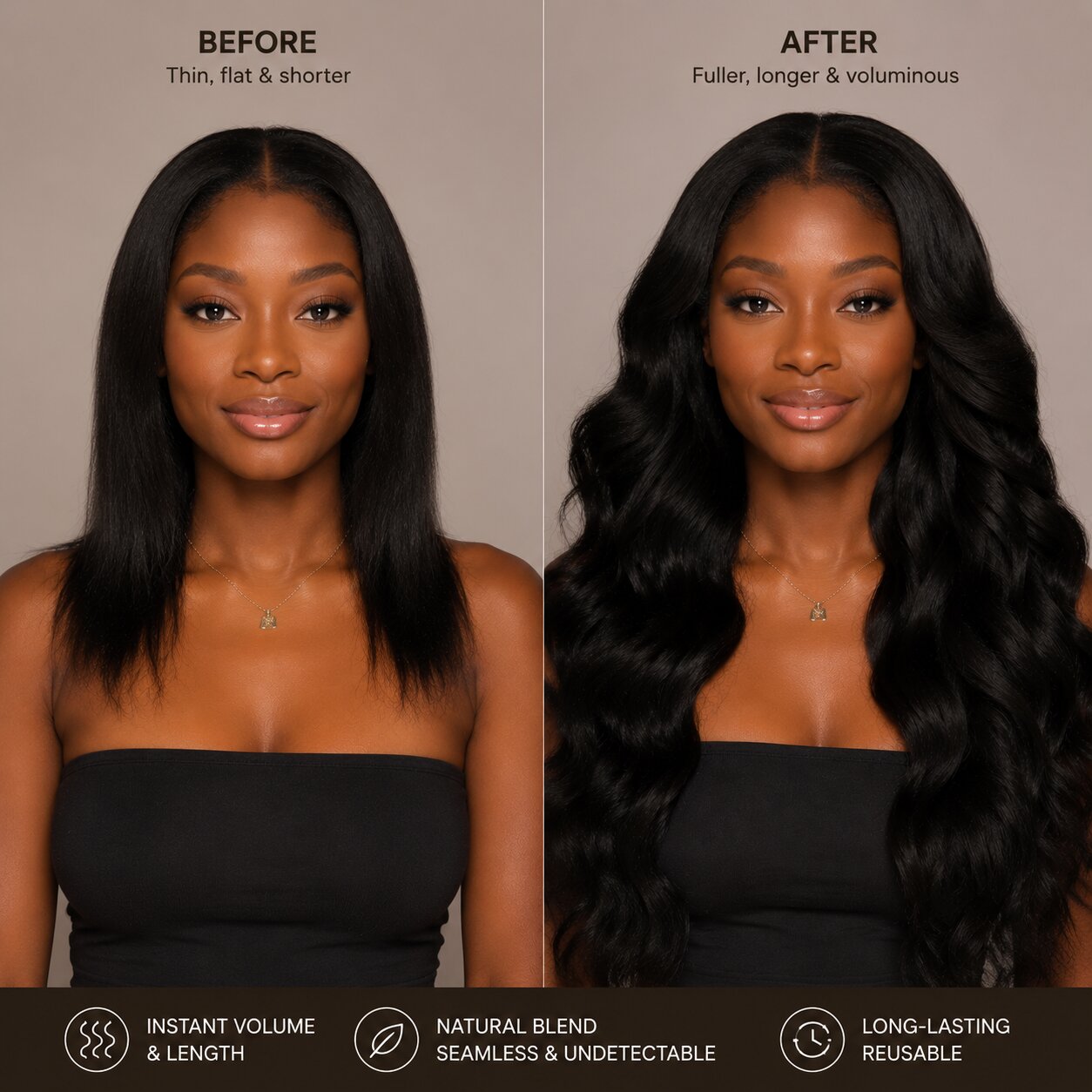 Side-by-side comparison of a Black woman before and after using tape-in hair extensions. Left: shorter, thin natural hair. Right: long, voluminous, wavy extensions with smooth, shiny texture, highlighting instant length, volume, and natural blend.
