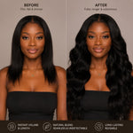Side-by-side comparison of a Black woman before and after using tape-in hair extensions. Left: shorter, thin natural hair. Right: long, voluminous, wavy extensions with smooth, shiny texture, highlighting instant length, volume, and natural blend.