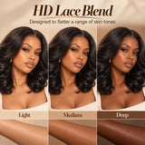 Side-by-side morning and evening styling concept featuring a Natural Black body wave human hair wig with soft, defined shoulder-length curls.