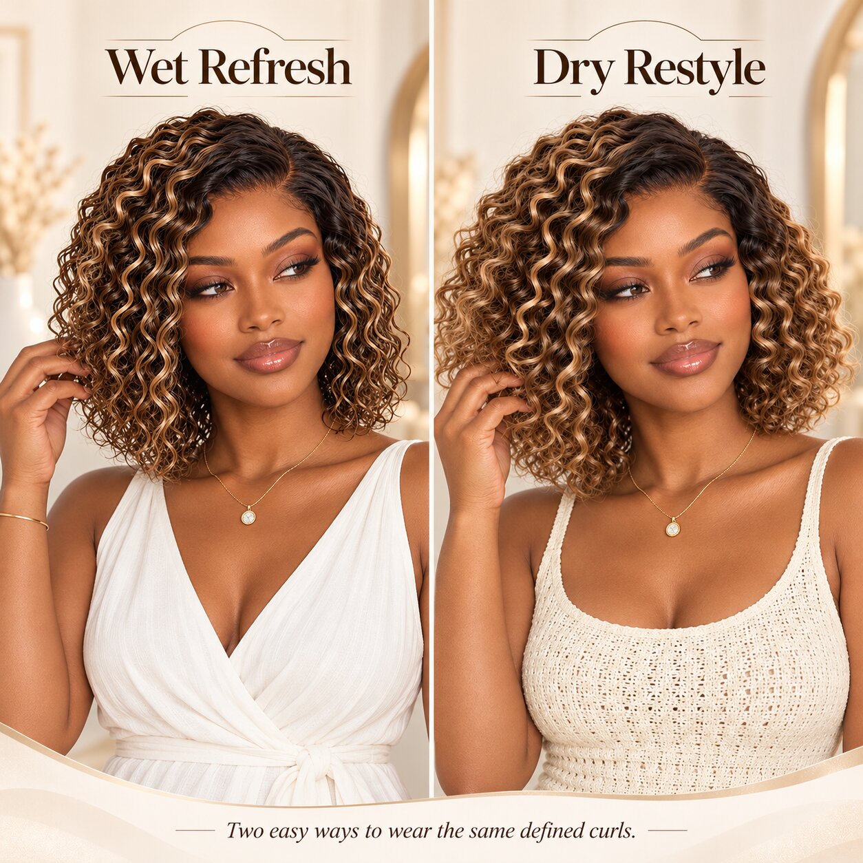 Side-by-side wet refresh and dry restyle of a blonde-highlight water wave curly bob wig showing different curl finishes.