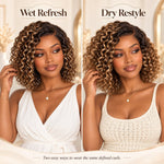 Side-by-side wet refresh and dry restyle of a blonde-highlight water wave curly bob wig showing different curl finishes.