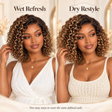 Side-by-side wet refresh and dry restyle of a blonde-highlight water wave curly bob wig showing different curl finishes.