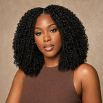 Side and back view of UrbanChichair kinky curly crochet human hair showing full, even curl coverage