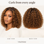 Side and back views of a caramel brown highlight deep curly wig, showing the curl pattern and short bob shape.