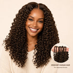 Smiling Black woman wearing #4 Chocolate Brown Burmese Curly crochet human hair with inset showing pre-separated crochet strands.