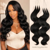 Split image showing model wearing natural body wave crochet hair extensions on left and single bundle product display on right, premium beauty branding.