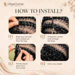 Step-by-step crochet hair installation guide showing braiding, crochet hook insertion, strand pulling, and finished natural body wave hairstyle result.