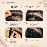 Step-by-step crochet hair installation guide showing braiding, crochet hook insertion, strand pulling, and finished natural body wave hairstyle result.