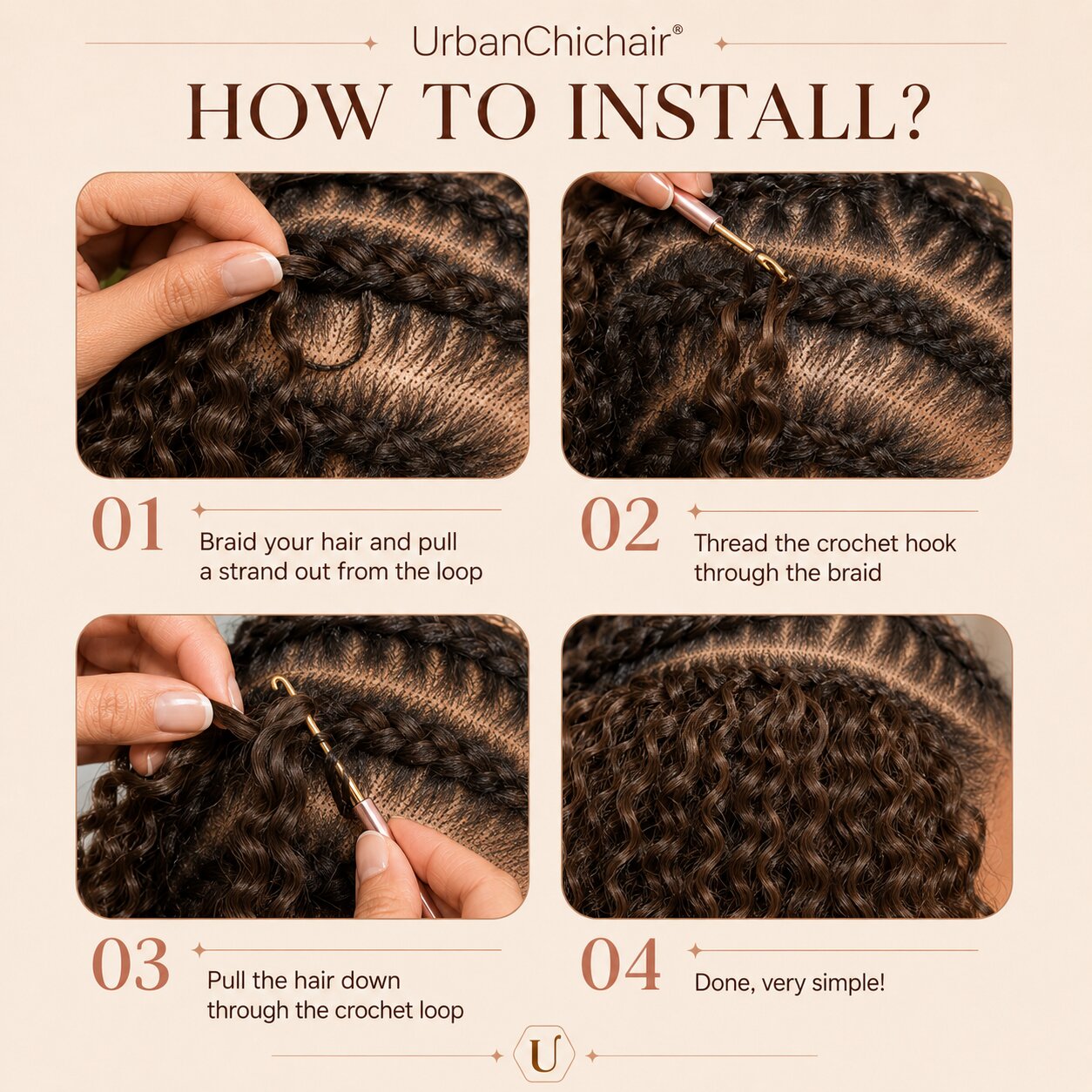 Step-by-step guide showing how to install #4 Chocolate Brown Burmese Curly crochet human hair for boho braids.