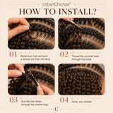 Step-by-step guide showing how to install #4 Chocolate Brown Burmese Curly crochet human hair for boho braids.