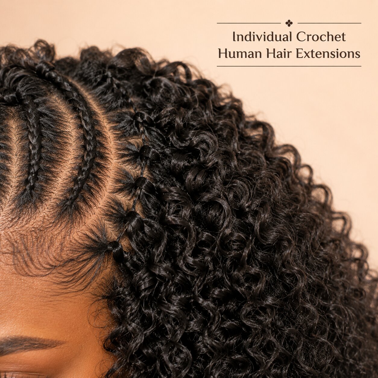 Step-by-step guide showing how to install Afro curly crochet human hair extensions, including braiding, threading with crochet hook, pulling strands, and final finished hairstyle.
