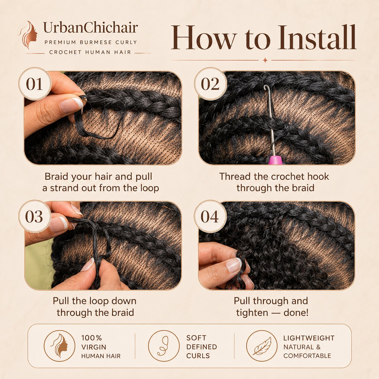 Step-by-step installation guide for UrbanChichair Burmese curly crochet human hair