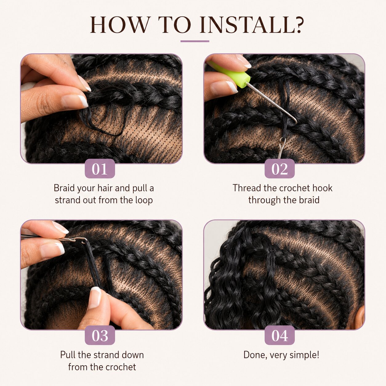 Step-by-step installation guide for UrbanChichair water wave crochet human hair, showing how to attach pre-looped strands to braids.