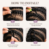 Step-by-step installation guide for UrbanChichair water wave crochet human hair, showing how to attach pre-looped strands to braids.