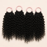 Stylist installing a fine pre-looped Spanish Curl crochet strand into a cornrow with a latch hook

