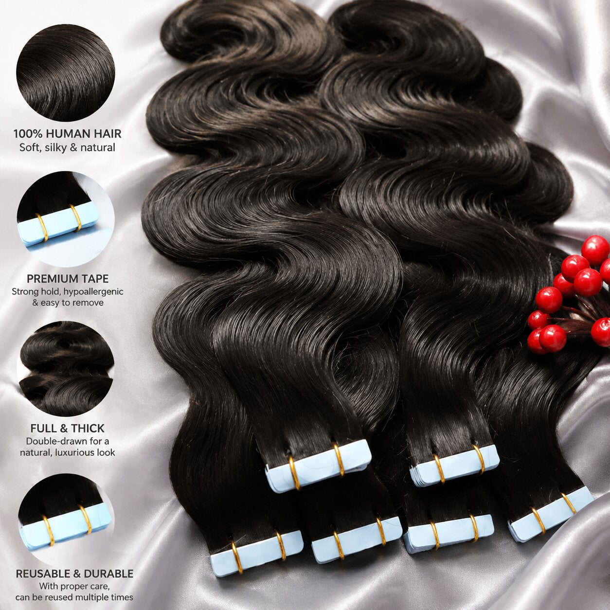 Tape-in hair extensions laid out on a clean white background, showcasing glossy, wavy black hair. Text highlights features: 100% premium human hair, full & thick, reusable & durable, with soft natural lighting and a subtle green plant for aesthetic touch.