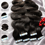 Tape-in hair extensions laid out on a clean white background, showcasing glossy, wavy black hair. Text highlights features: 100% premium human hair, full & thick, reusable & durable, with soft natural lighting and a subtle green plant for aesthetic touch.