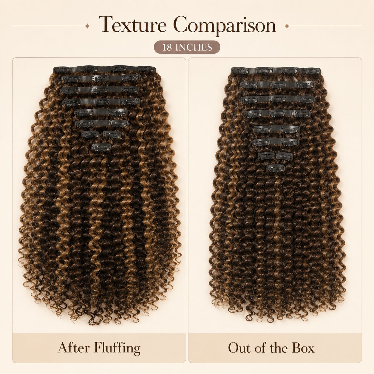 Texture comparison of Brown Highlight Deep Wave clip-in extensions showing after fluffing and out-of-the-box curl volume