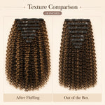 Texture comparison of Brown Highlight Deep Wave clip-in extensions showing after fluffing and out-of-the-box curl volume